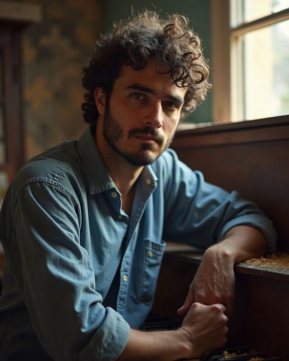 AI-generated portrait of Elias, a fictional character in Slowburn